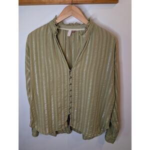 Pilcro Anthropologie Sage Green Metallic Stripe Button Front Top Small Boho
